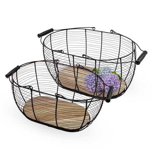 Metall Gitterkorb schwarz mit Holzboden 2er Set - 40 und 34 cm - Deko Drahtkorb mit Tragegriffen aus Holz - Korbset Dekokorb Aufbewahrungskorb Metallkorb Gitter Design oval