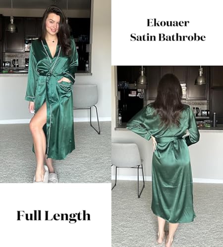 Image of Ekouaer Satin Robes for Women Long Sleeve Silk Bathrobe Soft Lightweight Full Length Sleepwear Bridesmaid Wedding Party Robes