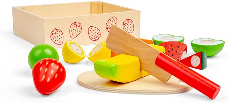 Bigjigs Toys Cutting Fruits Crate - 7 Piece Fruit with Velcro Fastenings, 1 Wooden Knife, 1 Chopping Board, Childrens Kitchen Accessories for Role Play, Baby & Toddler Gifts, 18 Months +