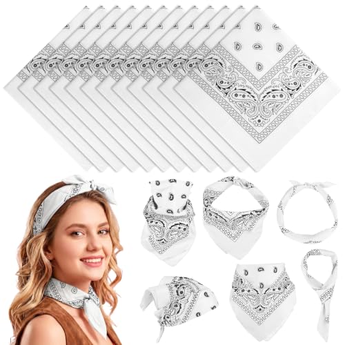 PLULON 12 Pcs White Bandanas Bulk 20 x 20 Inch Paisley Pattern for Women Men Head Scarf Cowboy Bandana Neon Square Handkerchiefs Outdoor Cycling Face Mask Headwear for Boy Girls 100% Polyester