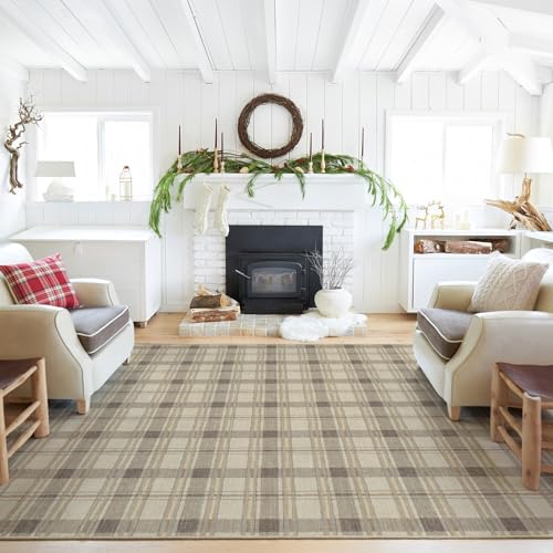 RUGGABLE Washable Winter Area Rug – Piper Plaid Neutral 8x10, Stain-Resistant, Non-Slip – Large Machine Washable Rugs for Living Room, Bedroom, Hallway, Entryway & Office–with Standard Pad