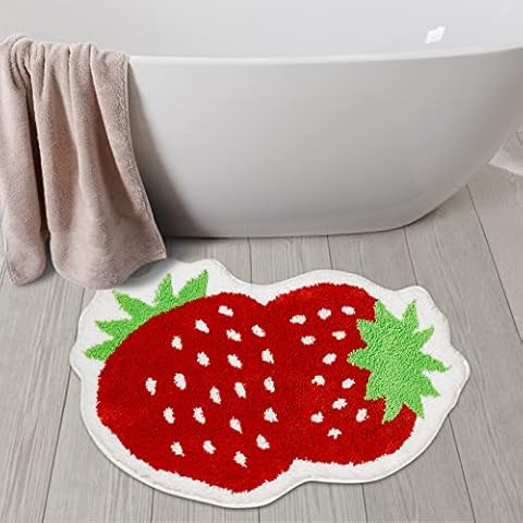 Cute Strawberry Bath Mat for Bathroom, Non Slip Fruit Shaped Bathroom Rugs and Mat Absorbent Plush Bathtub Rug Microfiber Shower Rugs Washable, 19.7x29.5in Cover