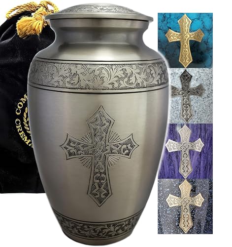 Image of Silver Cross Cremation Urn for Ashes Adult Male - Personalized Urn for Ashes for Women Decorative Urns - Beautifully Handcrafted Cross Urn