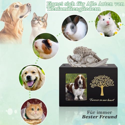 Exquilnova Tierurnen für Hunde, Holz Schwarz Urne Hund, Hunde Urne mit Hund Engel und Fotorahmen, Gedenkbox für Asche Katze und Andere Haustiere – zur ewigen Erinnerung (Hundeengel)