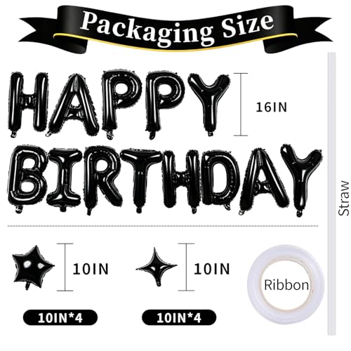Image of Black Happy Birthday Balloons Banner 16 Inch Mylar Foil Letters, 10 Inch Five & Four Star, Inflatable Party Decor and Birthday Decorations for Women, Men, Boys & Girls Kids and Adults, Party Supplies
