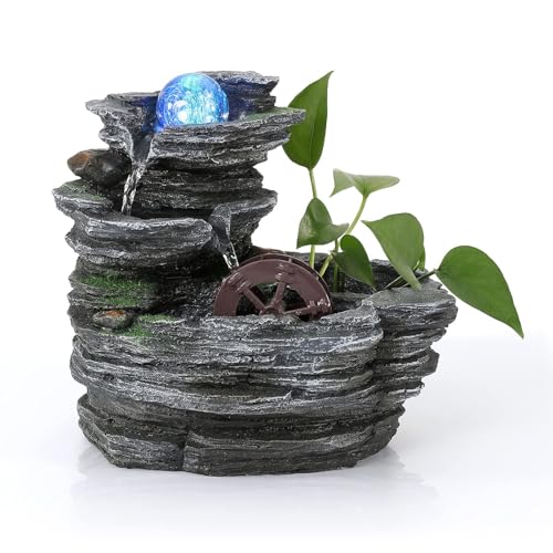 POWLAB Tabletop Water Fountain,Environmental Resin Meditation Waterfall,Desktop Fountain with Waterwheel,Indoor