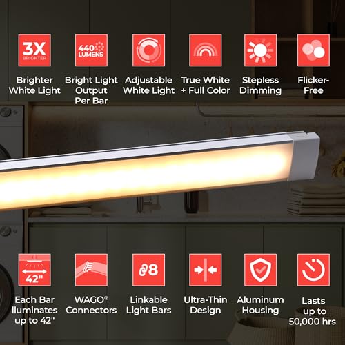 Image of PureOptics LED Professional Push Wire Under Cabinet Light Bar, Add-on, Plug-in or Hardwire Compatible, Adjustable White and RGB LED, for Kitchen, Utility Light, Closets, Garage, Pantry, (1) 18 inch Bar