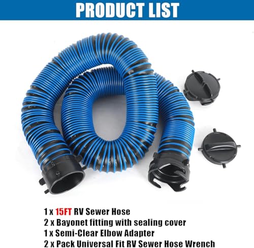 Image of 15FT RV Sewer Hose with Bayonet Fittings and 4-in-1 Adapter Elbow | EXTREME Heavy Duty 24 Mil, TPE Material, Abrasion Resistance and Crush Protection, Blue
