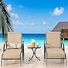 Lokatse home adjustable patio chaise lounge set of 2 outdoor textiline reclining chairs with 1 glass top bistro table sturdy metal frame for backyard porch poolside beige  urban country home decor