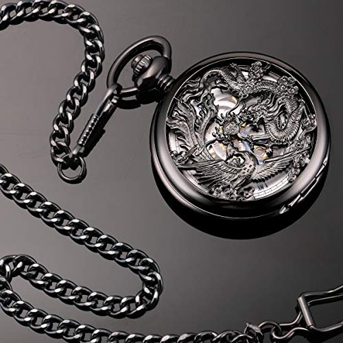 Image of ManChDa Antique Mechanical Pocket Watches for Men Lucky Dragon Phoenix Pocket Watch with Chain Skeleton Dial Roman Numerals Gifts for Fathers Day