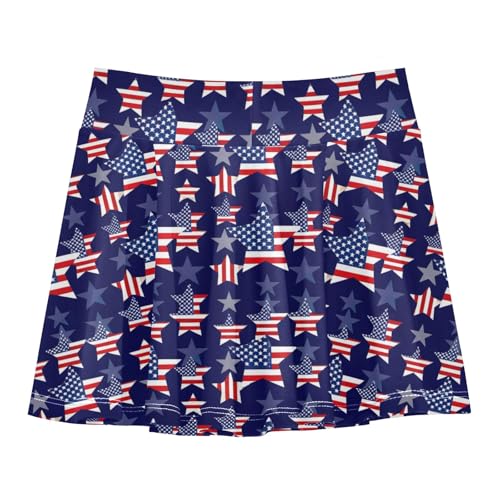 CHIFIGNO Girls Skort 2-in-1 Tennis Skirts with Shorts Flowy Athletic Golf Skorts Red White Blue Stars American Flag2