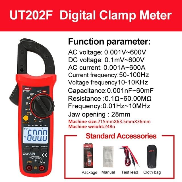 Image of UNI-T Uni-Trend Multimeter clamp Meter UT201R /UT202R /UT203R /UT204R /UT202F AC /DC 400 /600A Digital Ammeter clamp Meter DC AC for Measuring Ammeter Voltmeter Ohm Tester(UT202F)
