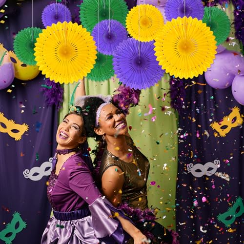 Image of 18 Pcs Mardi Gras Hanging Paper Fan, Hanging Honeycomb Round Paper Fans for Weddings, Birthdays, Christmas, Baby Showers, Classroom, Events Ceiling Party Supplies Decorations