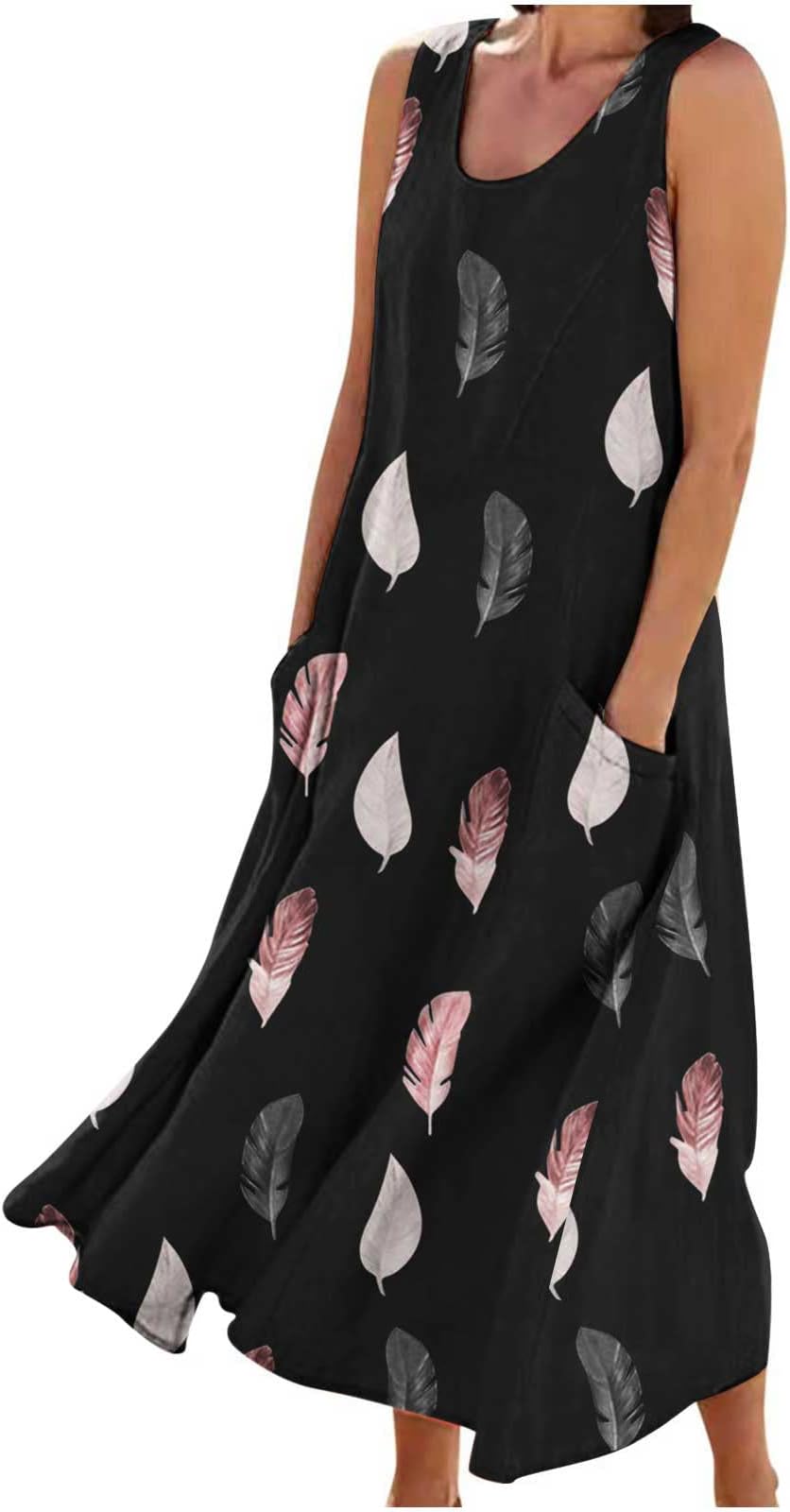 LastessoWomen's Casual Loose Maxi Sleeve Long Dress Trendy Print Summer Beach Dress with Pockets Sleeveless Vacation Dress