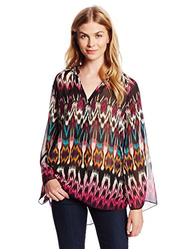Wrangler Women's Rock 47 Long Bell Sleeve V-Neck Print Shirt, Brown/Fuchsia, XXX-Large