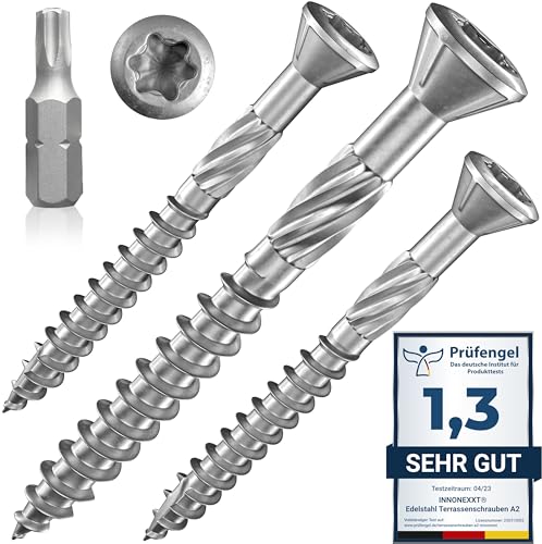INNONEXXT Premium Edelstahl Terrassenschrauben C1 inkl. Bit | 5 0 x 60 mm 200 Stück TX25 | Fräsrippen Cut-Spitze | Holz- Universalschrauben gleitbeschichtet