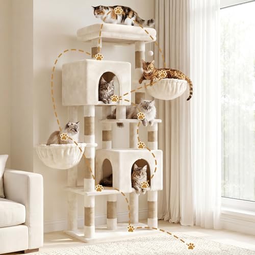 Image of Heybly 68.1 inch Cat Tree with Oversized Top Platform & Wide Base HCT059MJ | Heavy Duty Cat Tower for Large Indoor Cats with 2 Condos, 2 Hammocks, 10 Sisal Scratching Posts, Stable Cat House, Beige