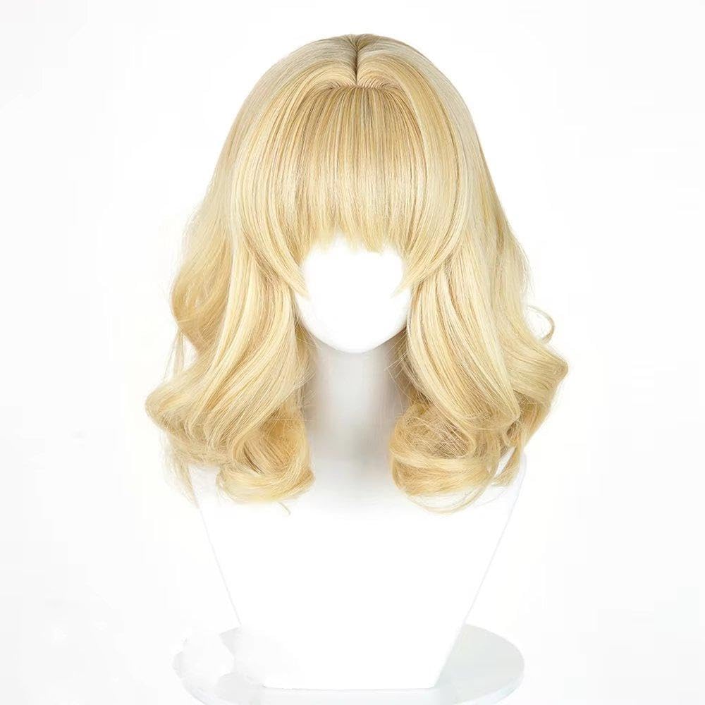 Haarpflege Blonde Kurze Gewellte Perücken Mit Pony Flauschige Hitzebeständige Cosplay-Perücke Für Die Tägliche Party