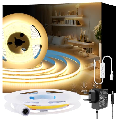 Auting Ruban LED COB 220V, 2M Blanc chaud LED Strip 320Leds/m Bandes à LED Ruban Dimmable pour DIY Chambre, Cuisine, Exterieur Maison Décoration