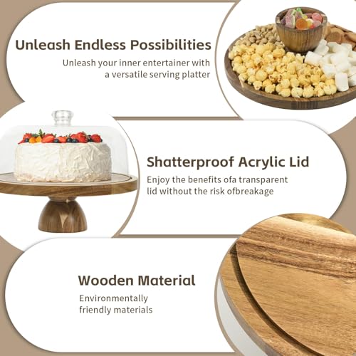 Acacia Wood Cake Stand with Lid, 2-In-1 Cake Plate with Lid, 12in Round Dessert Table Display Set, Raise Dome for Charcuterie Board, Cheese, Chips & Dips, Nachos, Fruit Platter (12in) - Image 6