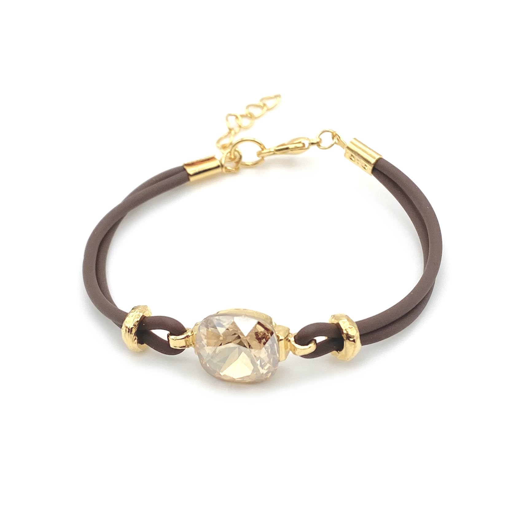 Pulsera de Caucho Marrón y Cristal de, Base Dorada Chapada en Oro 18k, Tamaño Ajustable del 16 a 20cms, Diseño Exclusivo, Regalo para Mujer, Color Champán
