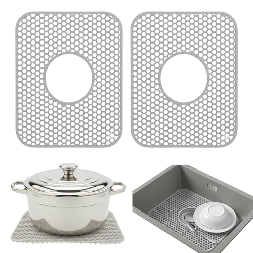 Jaycube Silicone Sink Protector Mat, Center Drain - 13.5'x11.25' Food Grade, 500°F Heat Resistant Faucet Draining Mat for Bottom Sink - Cushioned, Raised Feet, Non-Slip Kitchen Sink Protectors, 2-pc