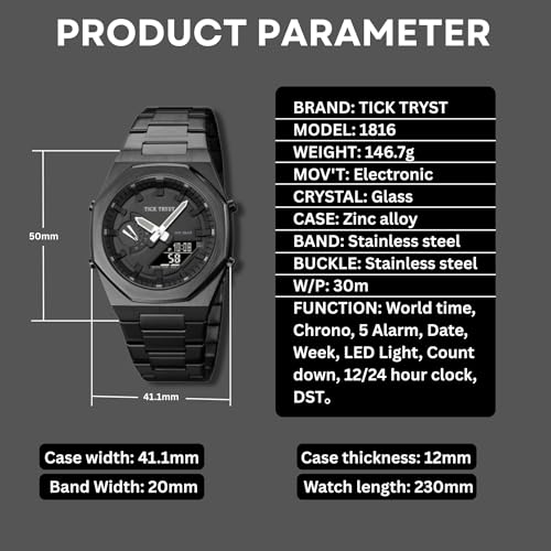 Image of Dual-Display Analog-Digital Watch, Zink Alloy Case Men's Watch,Stainless Steel Band, Luminous 30M Water-Resistant Fashion Sports Watches for Men - TT-D1
