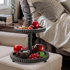 Handmade Two Tiered Tray Stand, Small Beaded Tiered Seasonal Tray Decor, Black Wooden Kitchen Serving Tray for Coffee Food Fruits Cupcakes, Home Decor Holiday Display Handmade Two Tiered Tray Stand Small Beaded Tiered Seasonal Tray Decor Black Wooden Kitchen Serving Tray for Coffee Food Fruits Cupcakes Home Decor Holiday Display