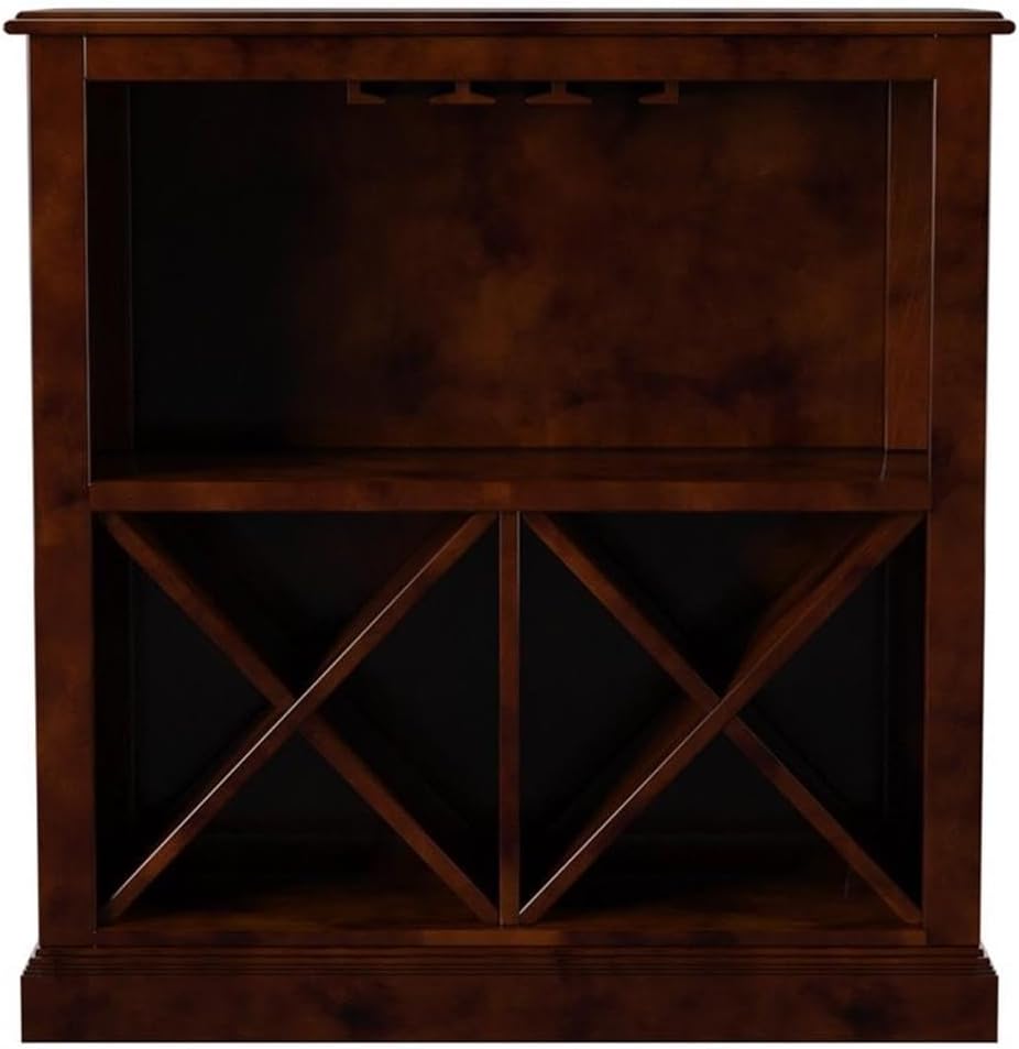 BOWERY HILL Traditional Wine Rack, 39" W x 15" D x 40.75" H, Solid Hardwood Frame, Dark Cherry Finish, Built-in Stemware Rack, Storage Shelves, Elegant Home Bar or Dining Room Wine Display