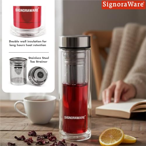 Image of Signoraware Duo Double Wall Borosilicate Glass Bottle,(350ml, Clear), Keeps Drinks Hot & Cold, Airtight & Leakproof, Perfect for Home, Gym & Office Use, Stylish Water Bottle for Daily Use