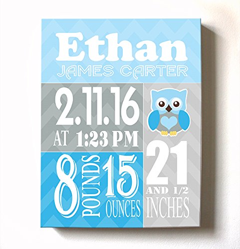 Personalized Stretched Canvas Birth Announcement Gift, Custom Baby Name, Date, Weight Stats, Newborn Owl Nursery Wall Art Decor, Wooden Frame Construction, Ready to Hang 24X30