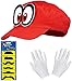 Produktbild Mario Odyssey Mütze rot im Super Komplettset mit weißen Handschuhen und Klebe-Bärten für Erwachsene und Kinder Karneval Fasching Motto Party Verkleidung Kostüm Mützen Hut Cap Herren Damen Kappe