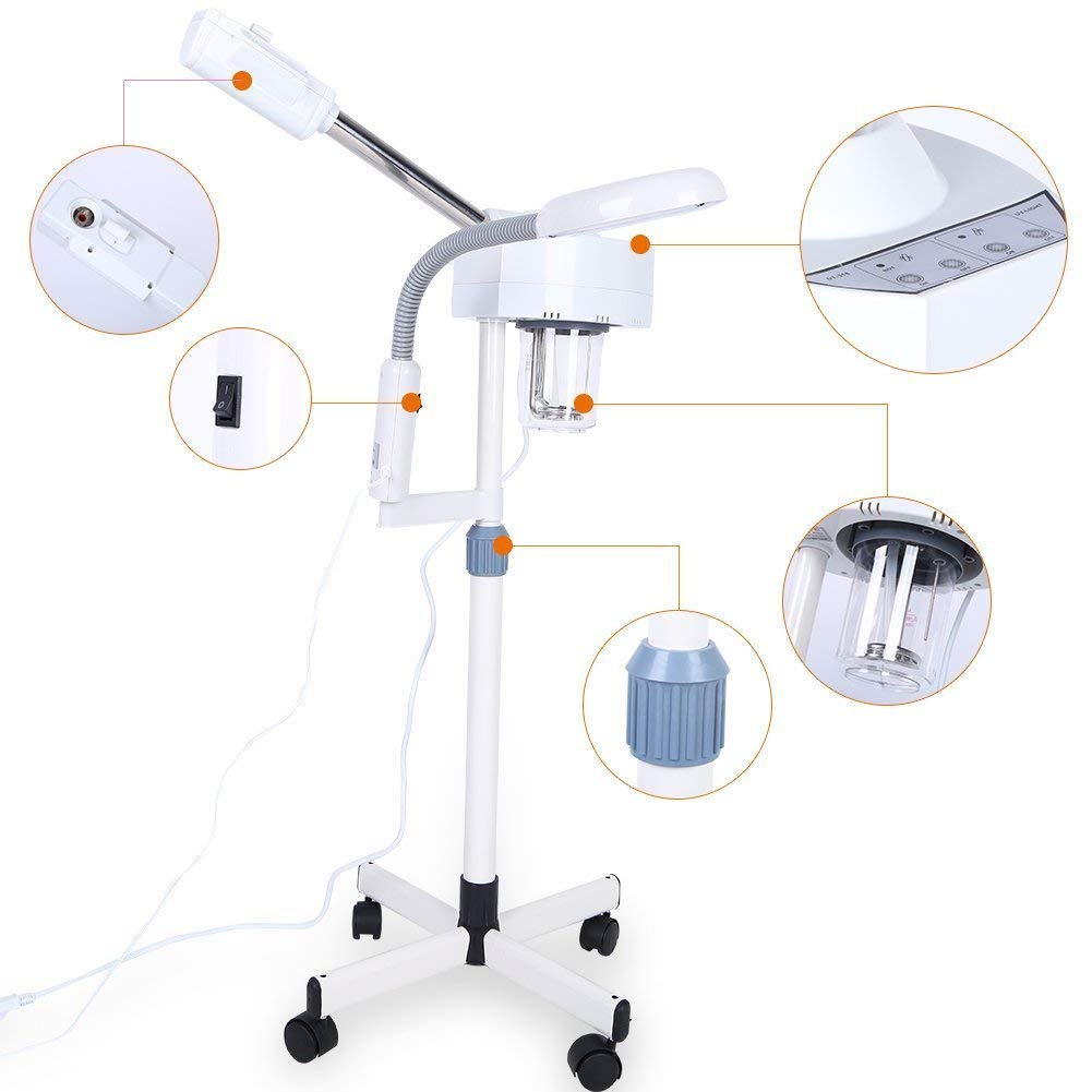 Sauna facciale 2 in 1, con lampada a LED da terra e lente di ingrandimento 5x, multifunzione, professionale, per spa, ideale per la cura della pelle del viso
