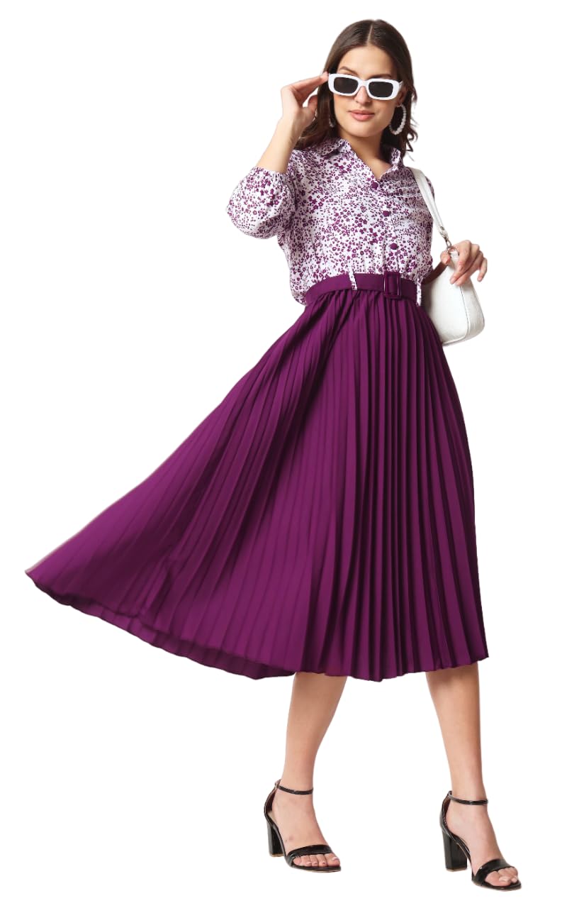 Kzully Women's Print 3/4 Sleeve Pleated Midi Dress With Belt Purple