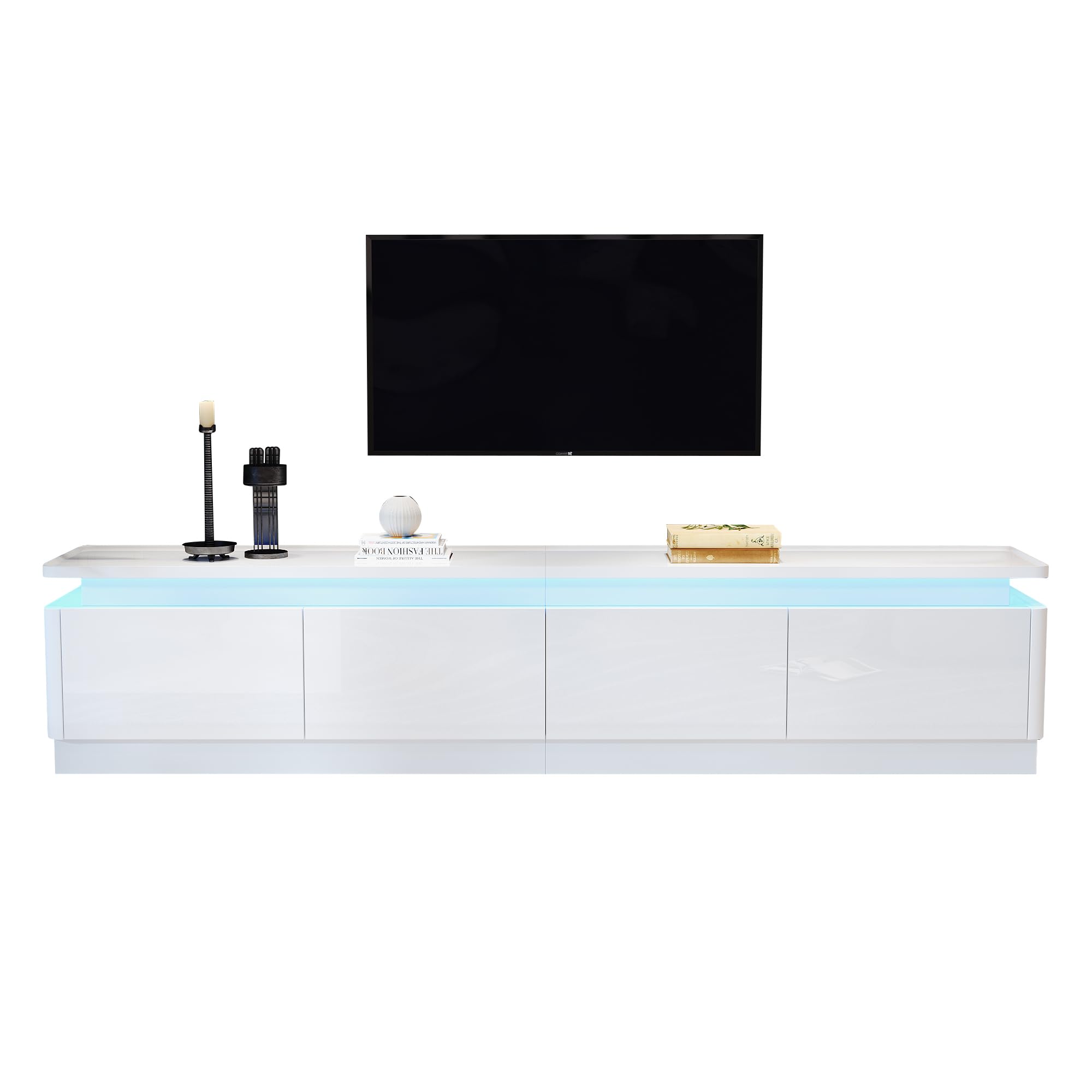 Armadio per TV con 4 cassetti, 180 x 34 x 40 cm, con LED, lucido e tavolo per TV, adatto per TV da 80 pollici (bianco)