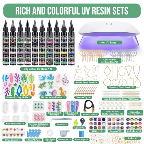 Image of UV Resin Jewelry Making Kit,30 Colors 600g Crystal Resin,Fast Curing Odorless & Colored UV Resin Kit with Light and Molds, DIY Jewelry Making Kit, Resina Kits for Keychain and Earring