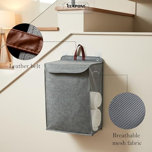 Image of Wall Hanging Laundry Basket Collapsible Laundry Hamper with Handle & Laundry Balls Foldable Space-Saving Dirty Clothes Organizer for Bathroom & Bedroom (Grey, Large)