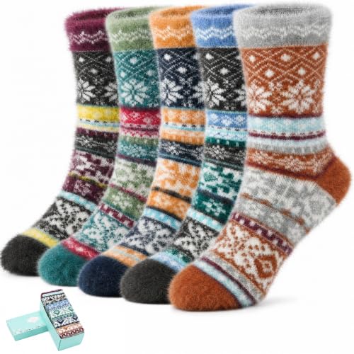 Image of ICEIVY 5 Pair Fuzzy Cozy Socks for Women - Warm Comfy Soft Casual Home Sleep Winter Wool Socks - Gifts for Women