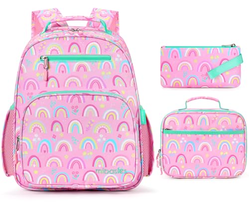 mibasies Girls Backpack with Lunch Box: 3PCS Kids Backpack Set for Kindergarten Elementary - 15 IN Cute Bookbag - Rainbow
