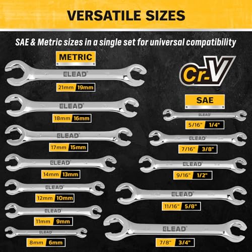 Image of ELEAD 14-Piece Flare Nut Wrench Set with PTFE Tape, Metric & SAE 1 /4 inch-7 /8 inch& 6-21mm, Brake Line Wrench Set Double Open End with Organizer Pouch for Repairing and Removing Nuts