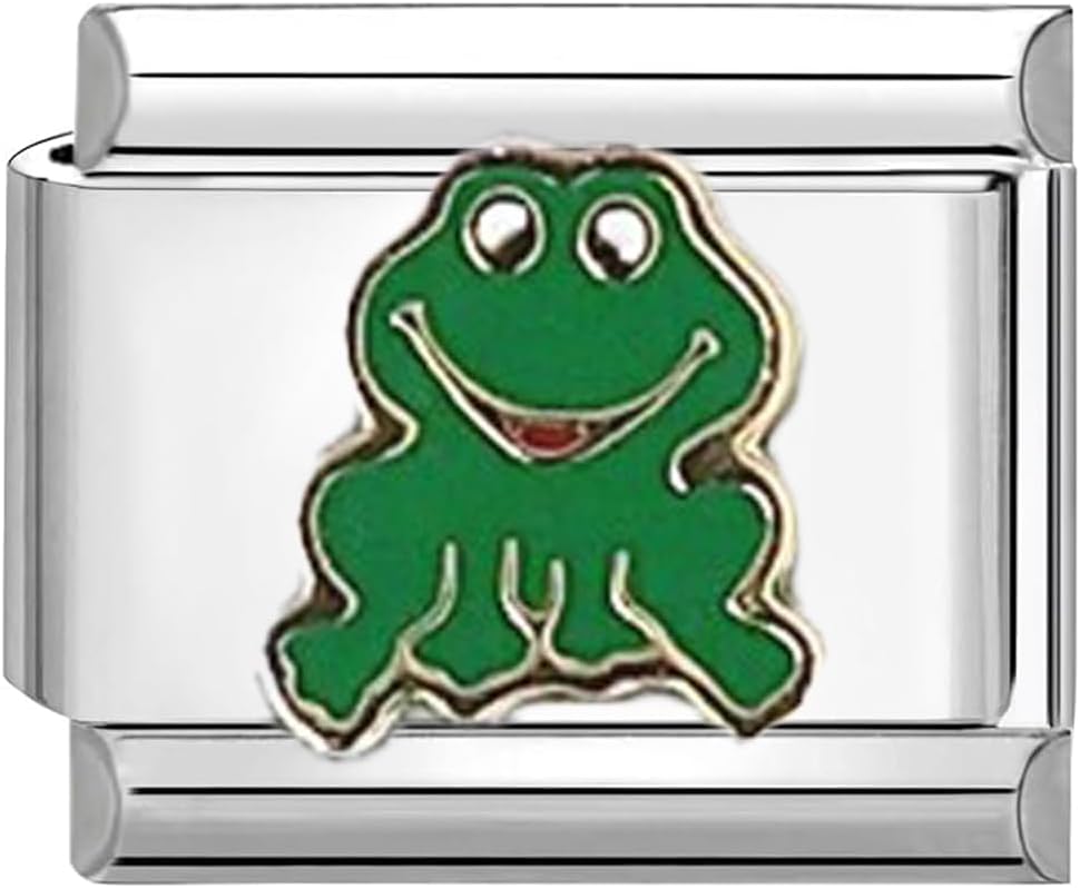 UNY JEWEL Cheery Frog Italian Charm 9mm Stainless Steel Link - Enamel Happy Amphibian Design Modular Charm Bracelet Link