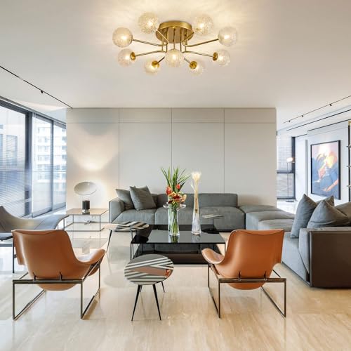 Image of Sputnik Semi Flush Mount Ceiling Light Gold Glass Globe Chandelier Ceiling Lighting Mid Century Modern 9 Lights Bubble Chandelier for Dining Living Room Bedroom