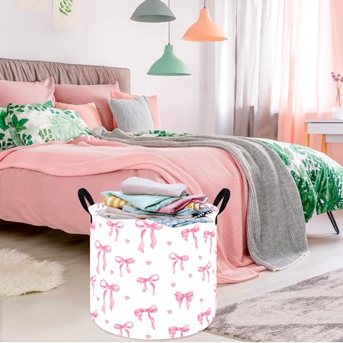 Image of MAIZMZ 3 Pack Pink Bow Storage Basket for Girls Room, 15.7 x 13.3 Inch Round Laundry Basket with Handles,Foldable Toy Organizer Bin with Water-Resistant Lining for Nursery, Bedroom, Gifts