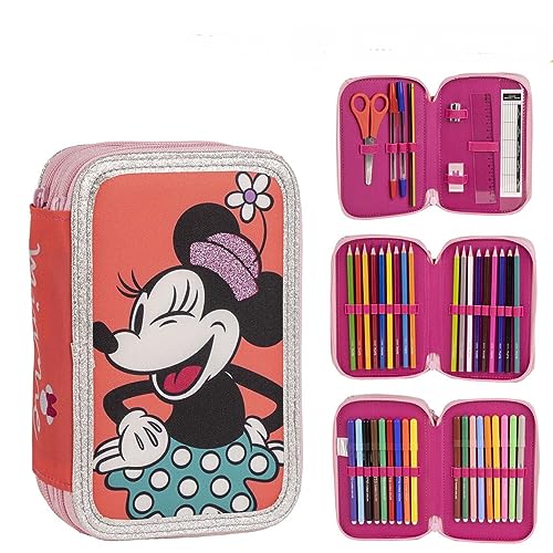 Astuccio Scuola Con Accessori Di Minnie - Colore Rosa Chiaro - 12,5X6,5X18,5 Cm - Fabbricato In Poliestere - Astuccio 3 Scomparti Con Chiusura A Cerni