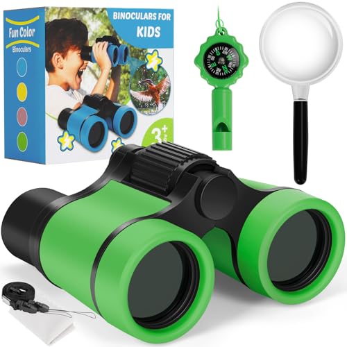 Binoculars for Kids, Kids Binoculars Toys for 3 4 5 6 7 8 Years Boys and Girls, Set with Magnifying Glass & Compass – Birthday Gifts Outdoor Toy for Kid Ages 3-8 Toddler Camping (Green)