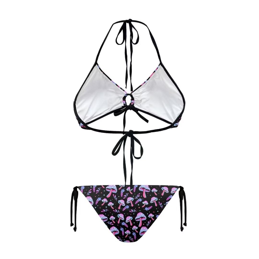 Youngerbaby Purple Mushroom Print Bikini Sets Two Piece Swimsuit Halter Tops and Tie Side Bottoms Summer Beach Bathing Suits Swimwear Plus Size XL