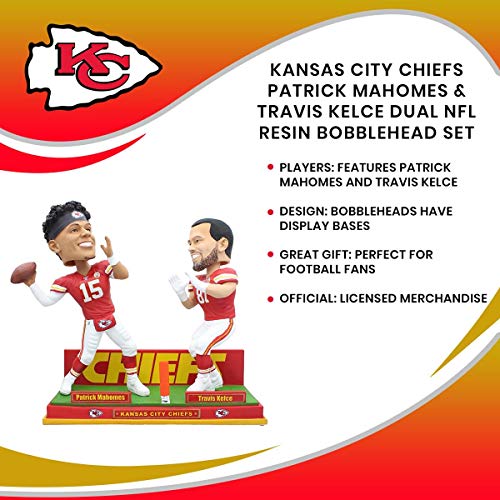 Official Kansas City Chiefs Dual NFL Resin Bobblehead Set - Featuring Football Players Patrick Mahomes & Travis Kelce - Collectible Replica Sports Toy Figures - Licensed Merchandise
