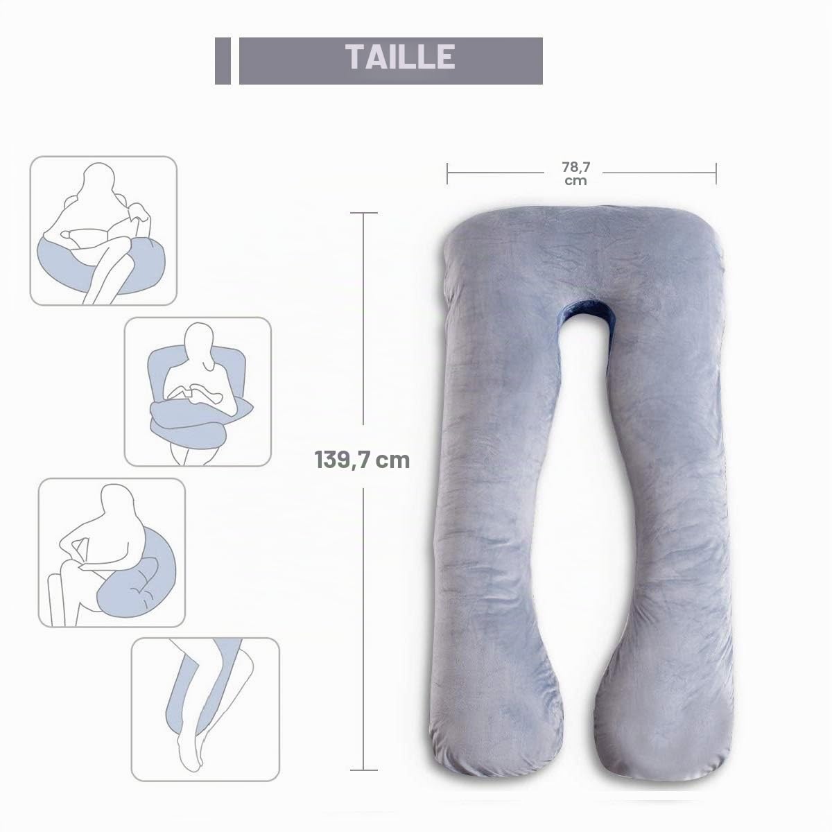 Coussin de Grossesse en Forme de U pour Femme Enceinte avec Housse en Velours amovibl (Gris)