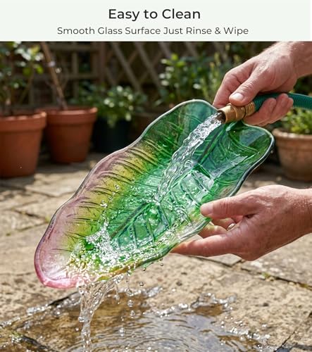 OUISJYER Glass Ground Bird Bath Bowl for Outside – Decorative Leaf Garden Birdbath, Thick Pressed Glass Shallow Bird Water Dish or Ground Bird Feeder for Backyard Lawn Patio Garden Decor, B — view 5