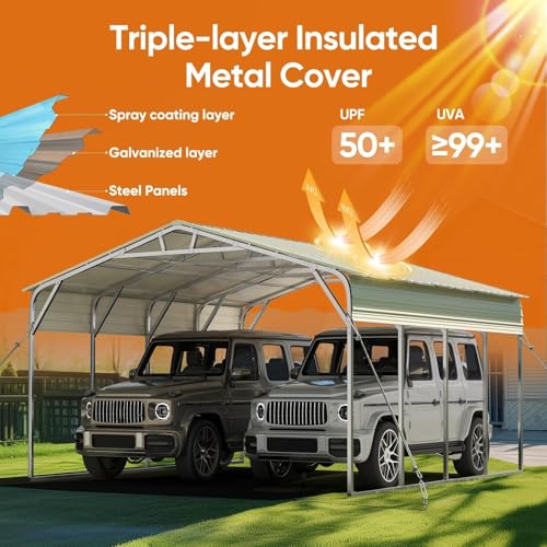 Image of ADVANCE OUTDOOR 20x20 FT Heavy Duty Vertical Roof Metal Carport, Pre-Drilled All Weather 2 Car Shelter for RV, Vehicles & Farm Equipment